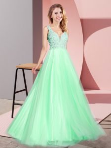 Delicate A-line Prom Gown Apple Green V-neck Tulle Sleeveless Floor Length Zipper