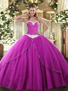 Sleeveless Tulle Brush Train Lace Up Quince Ball Gowns in Fuchsia with Appliques