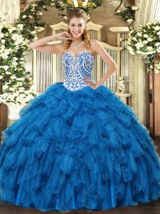 Luxurious Blue Sleeveless Floor Length Beading and Ruffles Lace Up Quinceanera Dress