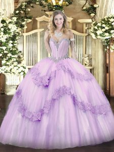 Stunning Sweetheart Sleeveless Sweet 16 Dresses Floor Length Beading and Appliques Lavender Tulle