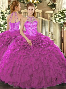 Deluxe Beading and Embroidery and Ruffles 15 Quinceanera Dress Fuchsia Lace Up Sleeveless Floor Length