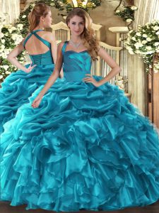 Teal Lace Up 15th Birthday Dress Ruffles and Pick Ups Sleeveless Floor Length