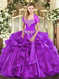 Stunning Purple Ball Gowns Sweetheart Sleeveless Organza Floor Length Lace Up Beading and Ruffles 15th Birthday Dress
