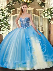 Free and Easy Baby Blue Lace Up Sweetheart Beading and Ruffles Quinceanera Gowns Tulle Sleeveless