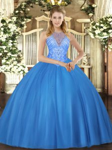 Floor Length Baby Blue Ball Gown Prom Dress High-neck Sleeveless Lace Up