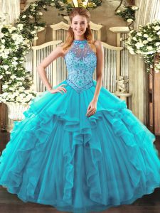On Sale Ball Gowns Quinceanera Gowns Teal Halter Top Organza Sleeveless Floor Length Lace Up