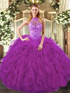 Purple Ball Gowns Beading and Ruffles 15th Birthday Dress Lace Up Organza Sleeveless Floor Length