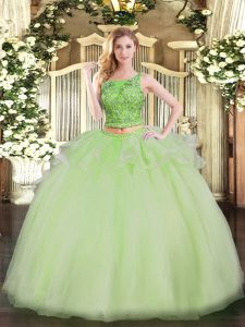 Edgy Sleeveless Floor Length Beading Lace Up Quinceanera Gown with Yellow Green