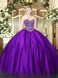 Exquisite Purple Ball Gowns Sweetheart Sleeveless Satin Floor Length Lace Up Beading Ball Gown Prom Dress