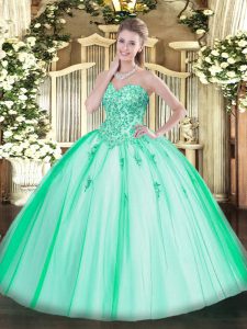 Appliques Quinceanera Gowns Turquoise Lace Up Sleeveless Floor Length