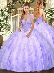 Floor Length Lace Up Ball Gown Prom Dress Lavender for Military Ball and Sweet 16 and Quinceanera with Appliques and Ruf