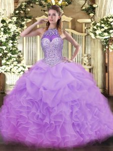 Colorful Organza Sleeveless Floor Length Ball Gown Prom Dress and Beading and Ruffles and Pick Ups