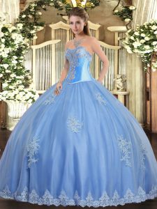 Enchanting Tulle Sweetheart Sleeveless Lace Up Beading and Appliques Quinceanera Gown in Baby Blue