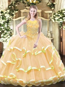 Gold Sleeveless Floor Length Beading and Ruffled Layers Zipper Quinceanera Gown