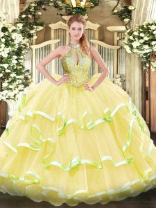 Charming Yellow Ball Gowns Organza Halter Top Sleeveless Beading and Ruffled Layers Floor Length Lace Up Quinceanera Dre