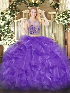 Eggplant Purple Organza Lace Up Scoop Sleeveless Floor Length Ball Gown Prom Dress Beading and Ruffles
