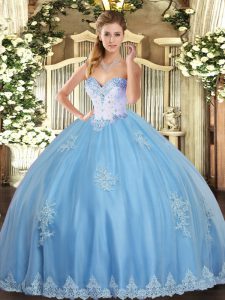 Aqua Blue Ball Gowns Beading and Appliques Ball Gown Prom Dress Lace Up Tulle Sleeveless Floor Length