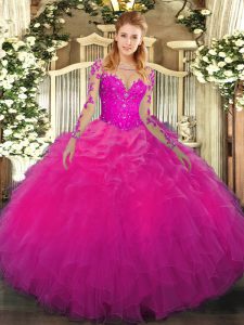 Long Sleeves Lace Up Floor Length Lace and Ruffles Vestidos de Quinceanera