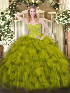Stunning Sleeveless Floor Length Beading and Ruffles Lace Up Quinceanera Gown with Olive Green