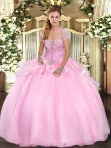 Great Sleeveless Organza Floor Length Lace Up 15th Birthday Dress in Baby Pink with Appliques