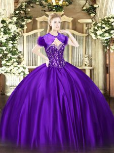 Classical Purple Satin Lace Up Quinceanera Gown Sleeveless Floor Length Beading