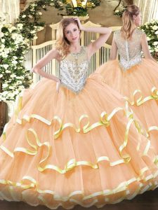 Traditional Peach Zipper Ball Gown Prom Dress Beading and Ruffled Layers Sleeveless Floor Length