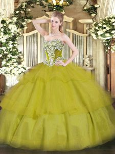 Olive Green Lace Up Quinceanera Dress Beading and Ruffled Layers Sleeveless Floor Length