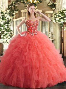 Spectacular Floor Length Watermelon Red Sweet 16 Dress Tulle Sleeveless Embroidery and Ruffles