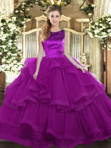 Purple Sleeveless Tulle Lace Up Quinceanera Dresses for Military Ball and Sweet 16 and Quinceanera