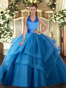 Blue Ball Gowns Tulle Halter Top Sleeveless Ruffled Layers Floor Length Lace Up Quinceanera Gown