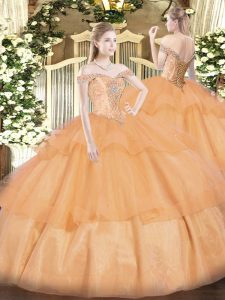 Orange Sleeveless Floor Length Beading and Ruffled Layers Lace Up Quinceanera Dresses