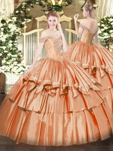 Comfortable Floor Length Orange Red Quinceanera Gowns Off The Shoulder Sleeveless Lace Up