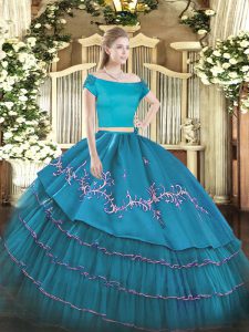 Teal Two Pieces Organza and Taffeta Off The Shoulder Short Sleeves Embroidery and Ruffled Layers Floor Length Zipper Qui