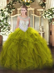 Olive Green Tulle Zipper Scoop Sleeveless Floor Length Quince Ball Gowns Beading and Ruffles