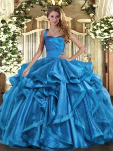 Vintage Baby Blue Sleeveless Organza Lace Up 15th Birthday Dress for Military Ball and Sweet 16 and Quinceanera