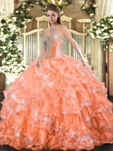 Super Ball Gowns Vestidos de Quinceanera Orange Red Sweetheart Organza Sleeveless Floor Length Lace Up