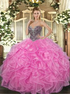 Exquisite Beading and Ruffles 15th Birthday Dress Rose Pink Lace Up Sleeveless Floor Length