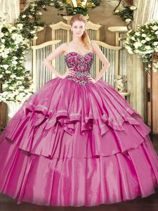 Suitable Ball Gowns Sweet 16 Dress Pink Sweetheart Organza and Taffeta Sleeveless Floor Length Lace Up