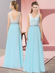 Dazzling Floor Length Aqua Blue Dress for Prom Chiffon Sleeveless Beading