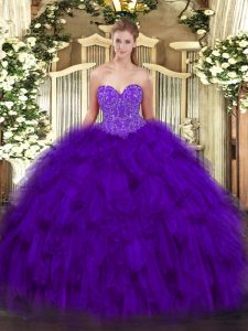 Fabulous Purple Ball Gowns Organza Sweetheart Sleeveless Beading and Ruffles Floor Length Lace Up Quinceanera Gowns