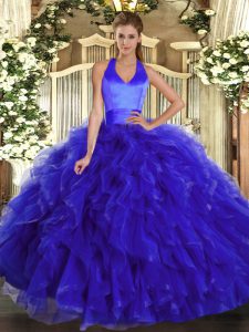 Royal Blue Organza Lace Up Halter Top Sleeveless Floor Length Sweet 16 Dresses Ruffles