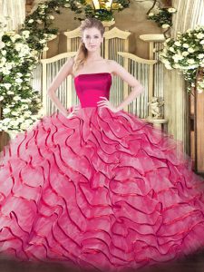 Customized Hot Pink Sleeveless Ruffled Layers Zipper Sweet 16 Dress