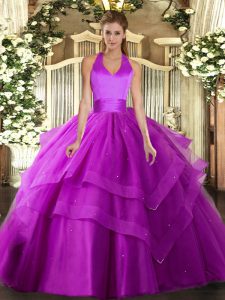 Fuchsia Ball Gowns Ruffled Layers Quinceanera Dresses Lace Up Tulle Sleeveless Floor Length