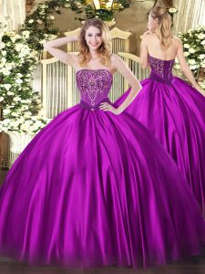 Best Fuchsia Ball Gowns Strapless Sleeveless Satin Floor Length Lace Up Beading 15th Birthday Dress
