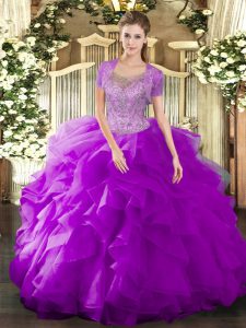 Extravagant Fuchsia Scoop Neckline Beading and Ruffled Layers Ball Gown Prom Dress Sleeveless Clasp Handle