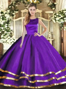 Purple Scoop Neckline Ruffled Layers Quinceanera Gown Sleeveless Lace Up