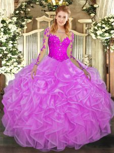 Organza Long Sleeves Floor Length Quince Ball Gowns and Lace and Ruffles