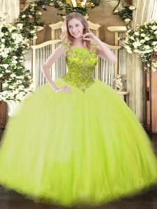 Glittering Scoop Sleeveless Zipper Sweet 16 Dresses Yellow Green Tulle