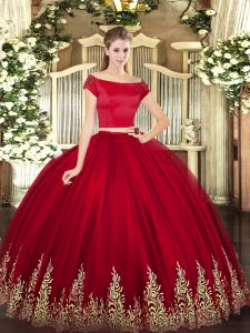 Sophisticated Wine Red Tulle Zipper 15 Quinceanera Dress Short Sleeves Floor Length Appliques