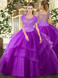 Excellent Sleeveless Floor Length Beading and Ruffles Clasp Handle Sweet 16 Dresses with Eggplant Purple